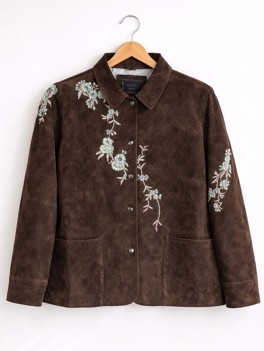 Avanti~Women Suede Leather Quilted Evening Jacket~Floral Embroidery~Brown~2X